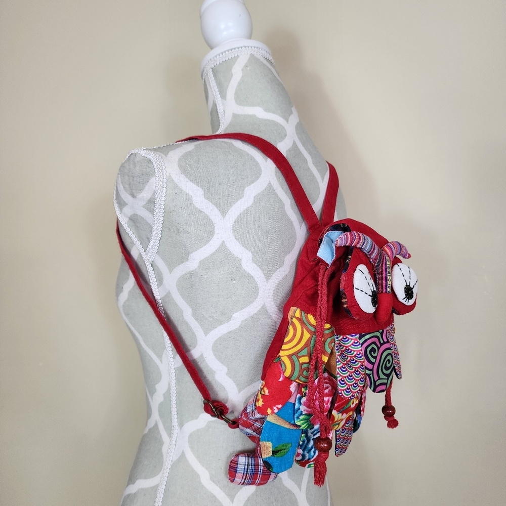 ​Handmade Patchwork Owl Mini Backpack Drawstring Boho Kidcore Red OS - Picture 9 of 9